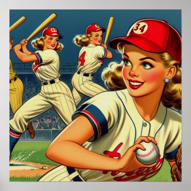 Vintage Baseball Girls Illustration Poster (Front)