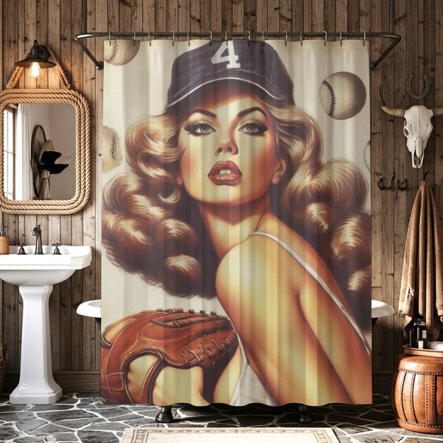 Vintage Baseball Pin-Up Shower Curtain (Creator Uploaded)