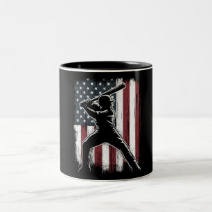 Vintage Baseball Player American Flag USA Two-Tone Coffee Mug