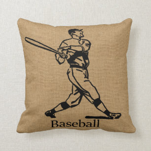 Vintage Baseball Player on Burlap Look Cushion