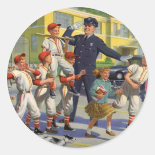 Vintage Baseball Players and Police Crossing Guard Classic Round Sticker
