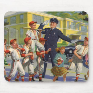 Vintage Baseball Players and Police Crossing Guard Mouse Pad