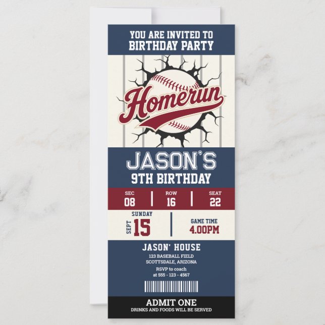 Vintage Baseball Ticket Birthday Party Invitation  (Front)