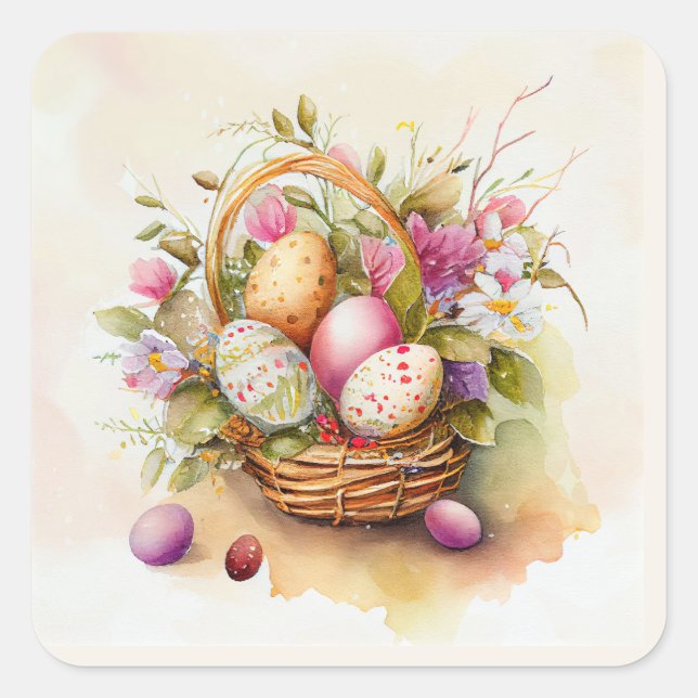 Vintage Basket Pastel Easter Eggs Square Sticker (Front)