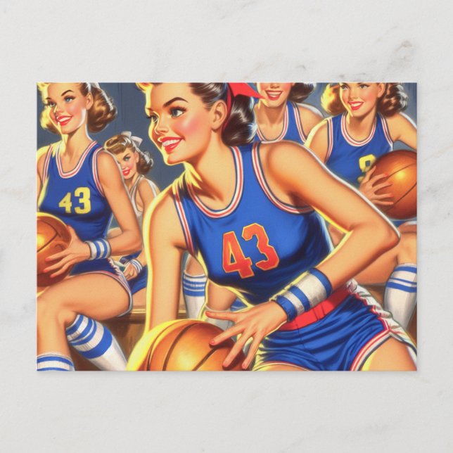 Vintage Basketball Girls Illustration Postcard (Front)