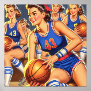 Vintage Basketball Girls Illustration Poster