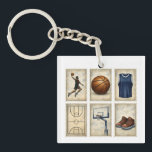 Vintage Basketball Stamps Sports Collection Key Ring<br><div class="desc">Vintage basketball illustration set with classic elements like ball,  jersey,  court,  hoop and sneakers in stamp style. A nostalgic sports theme for players and fans who love retro basketball visuals and iconic game moments.</div>