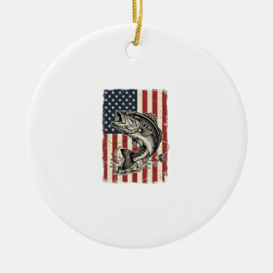 Vintage Bass Fishing American Flag Shirt Design_1 Ceramic Ornament