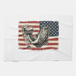 Vintage Bass Fishing American Flag Shirt Design_1 Tea Towel