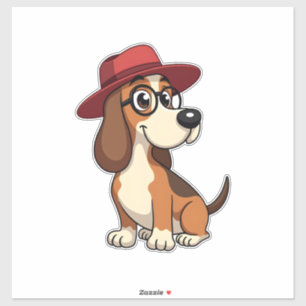 Vintage Basset Hound Cartoon in Red Hat Cute Dog I