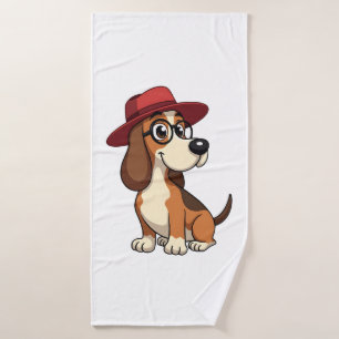 Vintage Basset Hound Cartoon in Red Hat Cute Dog I Bath Towel