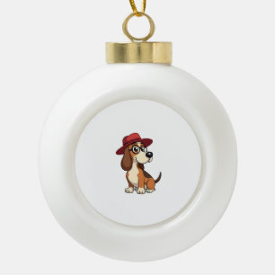 Vintage Basset Hound Cartoon in Red Hat Cute Dog I Ceramic Ball Christmas Ornament
