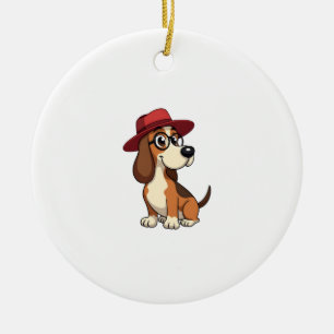 Vintage Basset Hound Cartoon in Red Hat Cute Dog I Ceramic Ornament