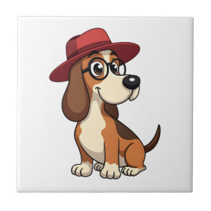Vintage Basset Hound Cartoon in Red Hat Cute Dog I Ceramic Tile