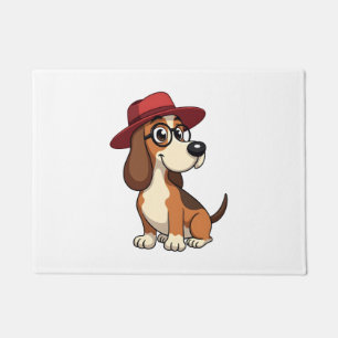 Vintage Basset Hound Cartoon in Red Hat Cute Dog I Doormat