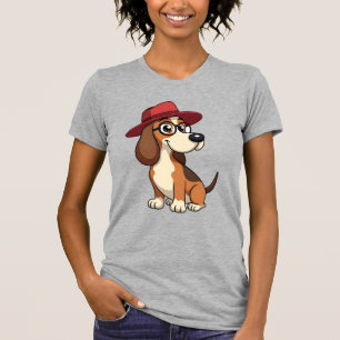 Vintage Basset Hound Cartoon in Red Hat Cute Dog I T-Shirt