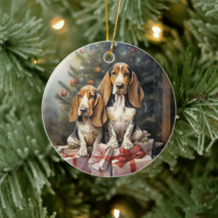 Vintage Basset Hound Christmas Ceramic Ornament
