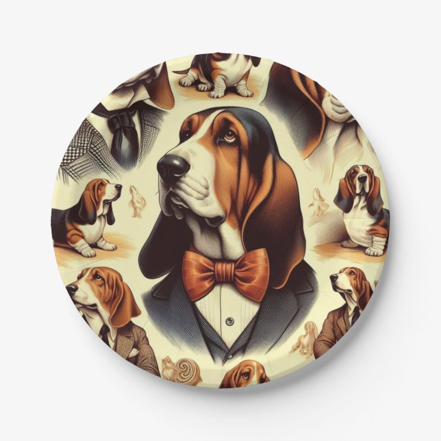 Vintage Basset Hound  Illustration Paper Plate (Front)