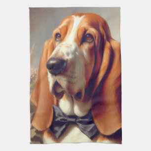 Vintage Basset Hound Painting Tea Towel