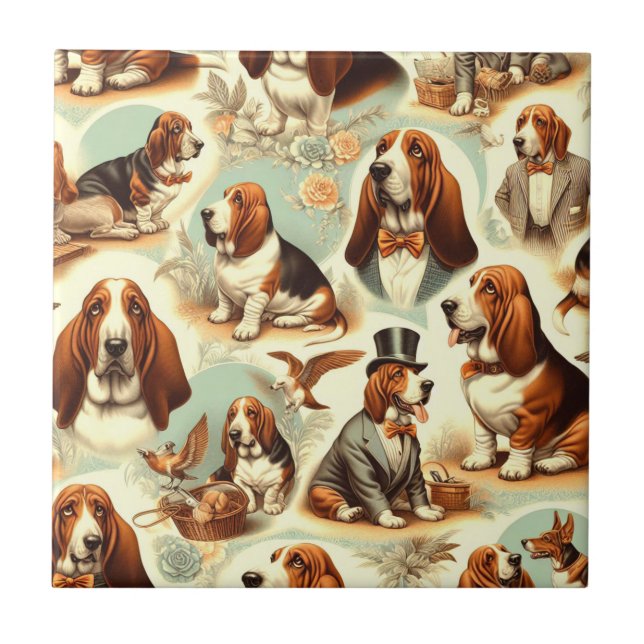 Vintage Basset Hound  Seamless Illustration Ceramic Tile (Front)