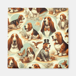 Vintage Basset Hound Seamless Illustration Magnet
