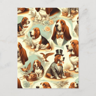 Vintage Basset Hound Seamless Illustration Postcard