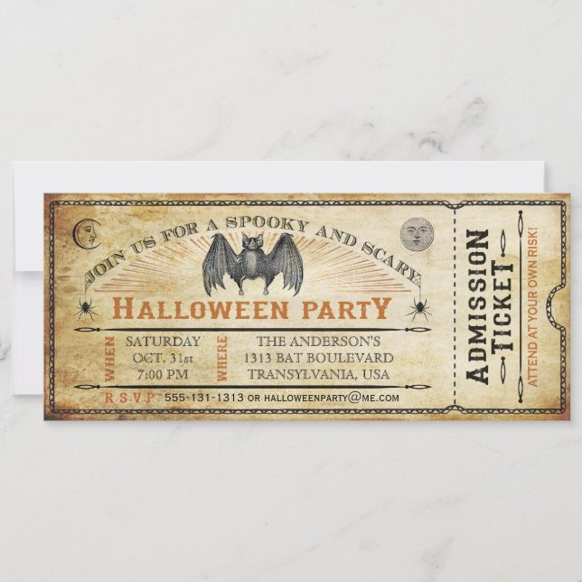 Vintage Bat Halloween Ticket Invitation (Front)