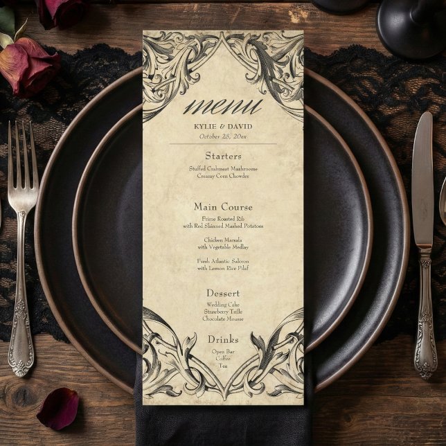 Vintage Bat Until Death Black Parchment Wedding Menu (Vintage Bat Until Death Black Parchment Wedding Menu)