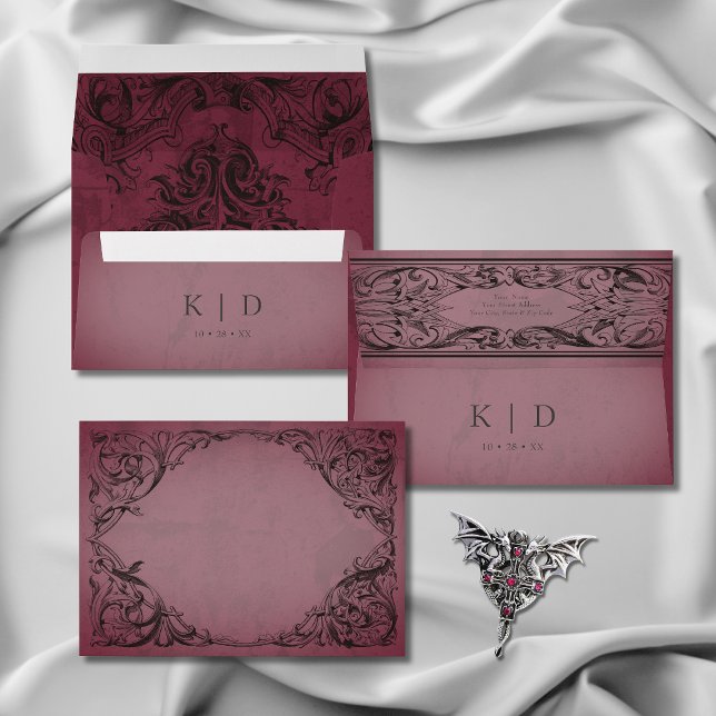 Vintage Bat Until Death Burgundy Wedding Envelope (Creator Uploaded)