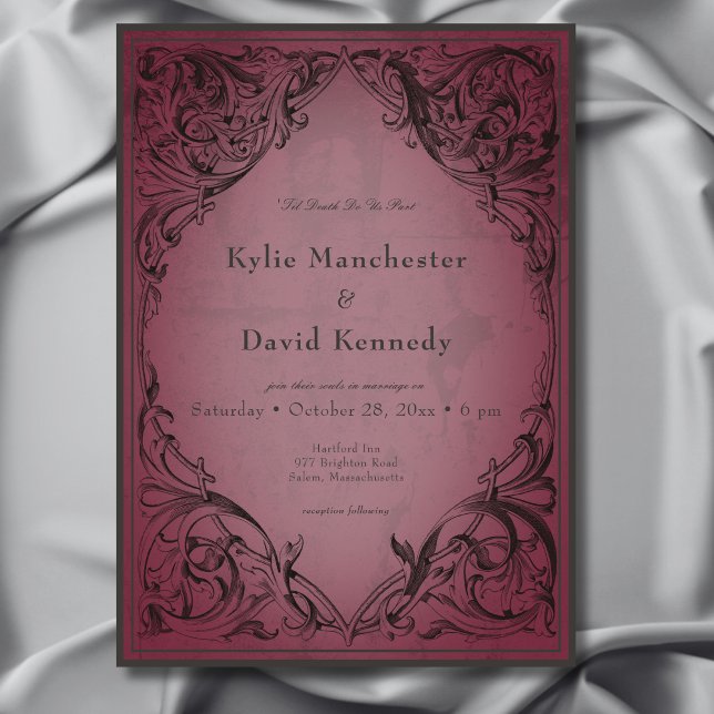 Vintage Bat Until Death Burgundy Wedding Invitation (Vintage Bat Until Death Wedding Invitation)