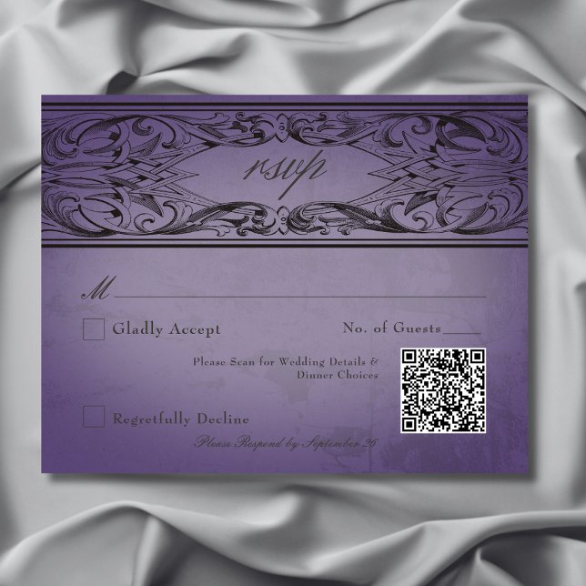 Vintage Bat Until Death Purple Wedding RSVP Card (Vintage Bat Until Death Purple Wedding RSVP Card with QR Code)