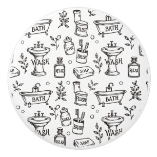 Vintage Bathroom Decor - White/Black Ceramic Knob