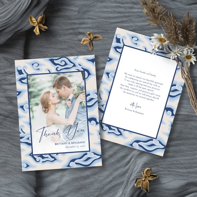 Vintage Batik Wedding Thank You Card Custom Photo (Personalized Unique and Stylish Vintage Wedding Thank You Card)