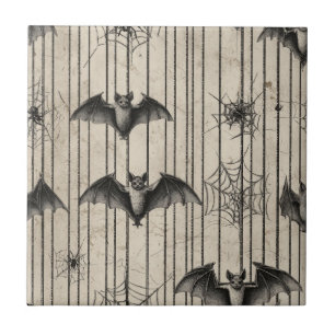 Vintage Bats and Spiderwebs on Distressed Striped Ceramic Tile