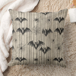 Vintage Bats and Spiderwebs on Distressed Striped Cushion