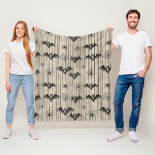 Vintage Bats and Spiderwebs on Distressed Striped Fleece Blanket