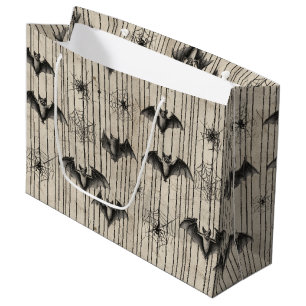Vintage Bats and Spiderwebs on Distressed Striped Large Gift Bag