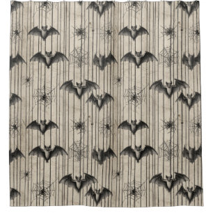 Vintage Bats and Spiderwebs on Distressed Striped Shower Curtain