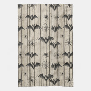 Vintage Bats and Spiderwebs on Distressed Striped Tea Towel