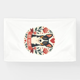 Vintage Be Mine Corgi Valentine Floral Folk Art De Banner