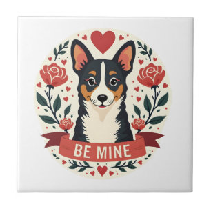 Vintage Be Mine Corgi Valentine Floral Folk Art De Ceramic Tile