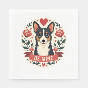 Vintage Be Mine Corgi Valentine Floral Folk Art De Napkin