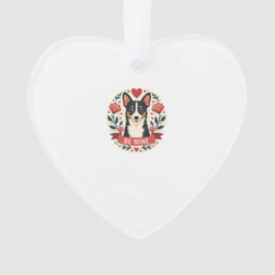 Vintage Be Mine Corgi Valentine Floral Folk Art De Ornament