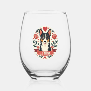 Vintage Be Mine Corgi Valentine Floral Folk Art De Stemless Wine Glass