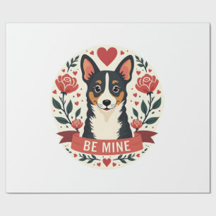 Vintage Be Mine Corgi Valentine Floral Folk Art De Wrapping Paper