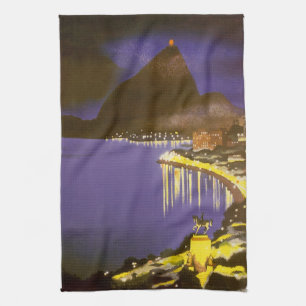Vintage Beach at Night in Rio De Janeiro, Brazil Tea Towel