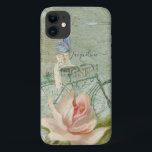 Vintage Beach Bicycle Rustic Wood Blush Pink Rose iPhone 11 Case<br><div class="desc">Fun,  vintage style created with new art by internationally acclaimed artist,  Audrey Jeanne Roberts.  A distressed grey wood background with a victorian-era beach bicycle with blush pink antique style rose and blue butterfly.  Copyright.</div>
