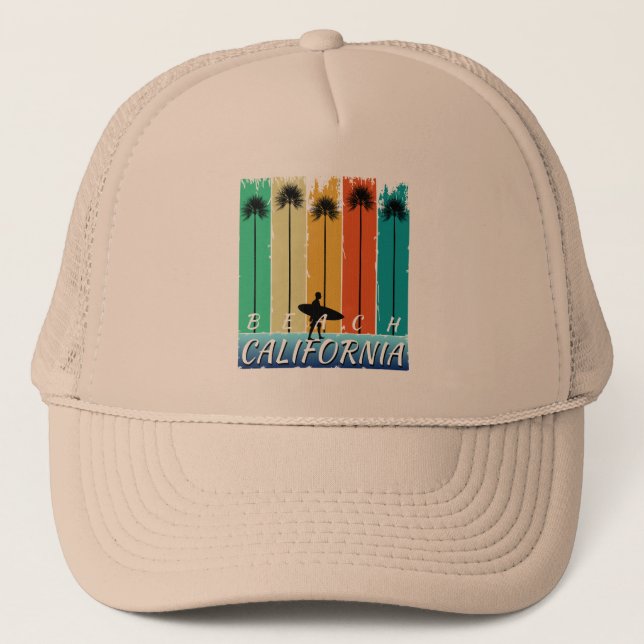 VINTAGE BEACH CALIFORNIA PALM TREES TRUCKER HAT (Front)