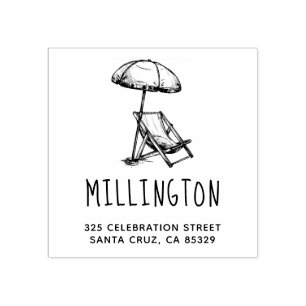 Vintage Beach Chair & Umbrella Return Address Rubber Stamp
