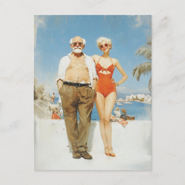 Vintage Beach Couple Summer Contrast Postcard (Front)